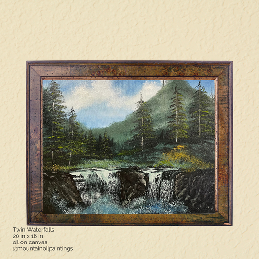 Twin Waterfalls - Mountain Oil Painting